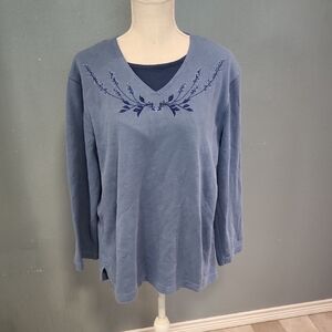 Bobbie Brooks Cotton Blend Floral Embroidery Grandma Core V-neck Long Sleeve Top